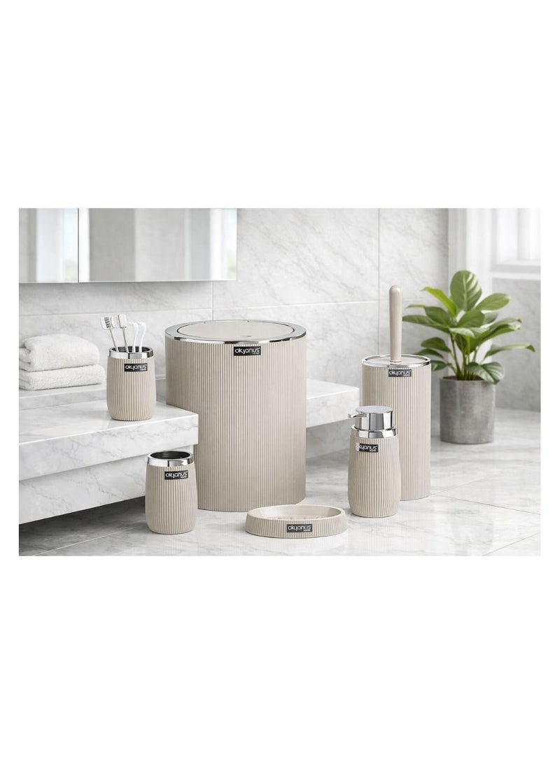 اوكانيوس  طقم إكسسوارات حمام مكون من 5 قطع، بلمسات من الكروم، تصميم عصري مضلع، سلة مهملات، فرشاة مرحاض، موزع صابون وحاملات، ديكور حمام أنيق باللون البيج. - Image 5